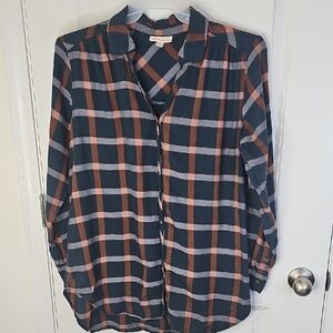 Knox Rose Women's Navy and Rust Plaid Button-Down Shirt Size XL